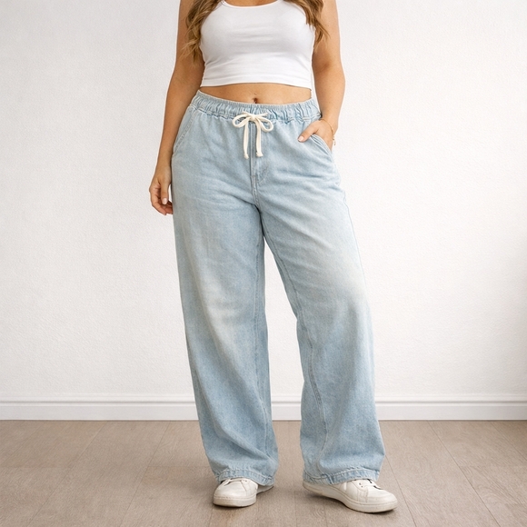 GAP Denim - GAP Light Wash Wide Leg Jeans Drawstring Lightweight Sz Lg